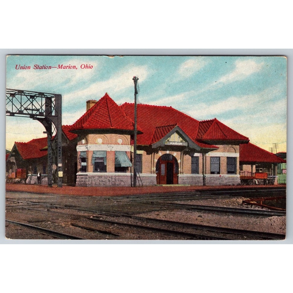 Marion Ohio Union Station Postcard Vintage Train Depot Railroad Architecture